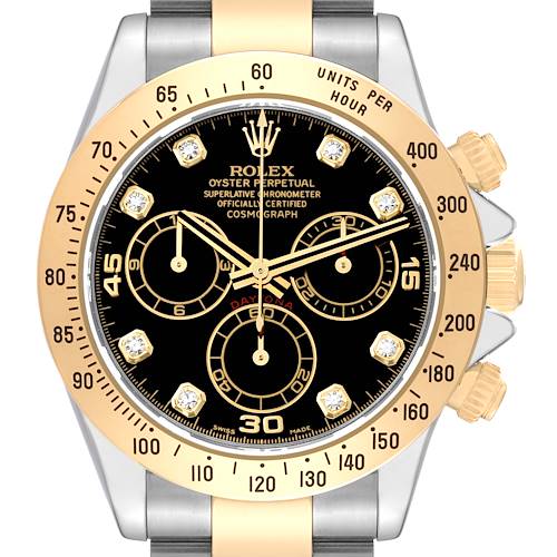 This image shows the face and bezel of a Rolex Daytona 116523 Men's Steel and Gold (two tone) Black Dial 116523 Men's Steel and Gold (two tone) Black Dial watch, displaying its dial, subdials, and crown.