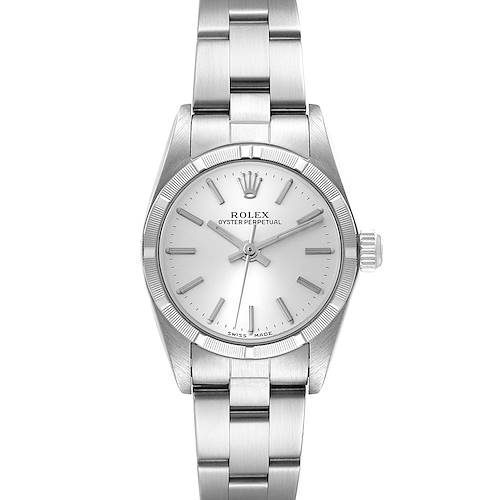 The image shows a front view of the Rolex Oyster Perpetual 76030 Women's Stainless Steel Silver Dial 76030 Women's Stainless Steel Silver Dial watch, displaying its dial, bezel, crown, and bracelet.