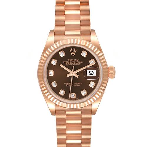 The image shows a front view of a Rolex President 279175 Women's Rose Gold Brown Dial 279175 Women's Rose Gold Brown Dial model watch, highlighting its dial, bezel, bracelet, and date display.