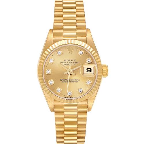 The Rolex President 69178 Women's Yellow Gold Champagne Dial 69178 Women's Yellow Gold Champagne Dial model is shown from a top-down angle, highlighting its gold bracelet, diamond markers, and fluted bezel.