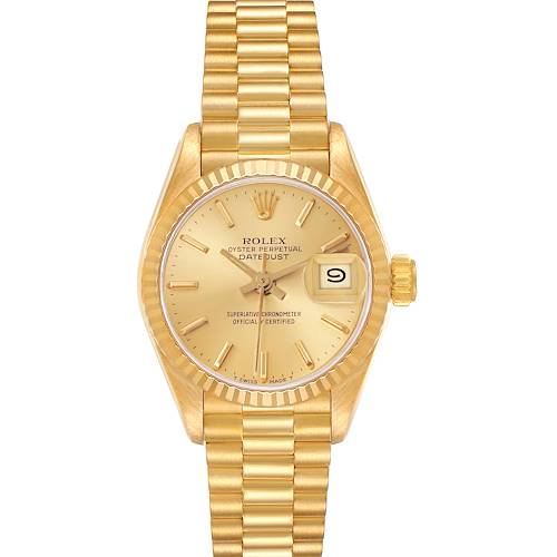 The Rolex President 69178 Women's Yellow Gold Champagne Dial 69178 Women's Yellow Gold Champagne Dial watch is shown from a top-down angle, displaying its dial, fluted bezel, bracelet, and crown.
