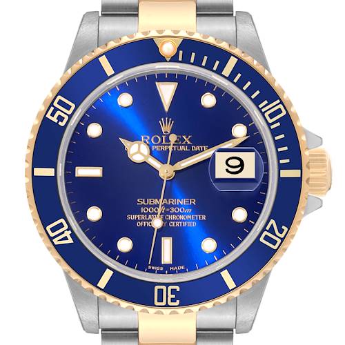 The image shows a front view of a Rolex Submariner 16613 Men's Steel and Gold (two tone) Blue Dial 16613 Men's Steel and Gold (two tone) Blue Dial watch with a blue dial and bezel, gold accents, and a date window at 3 o'clock.