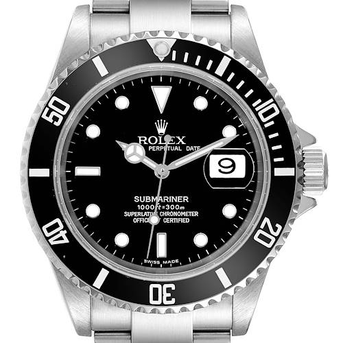 The image shows a front view of a Rolex Submariner 16610 Men's Stainless Steel Black Dial 16610 Men's Stainless Steel Black Dial watch, displaying its black dial, bezel, and stainless steel bracelet.