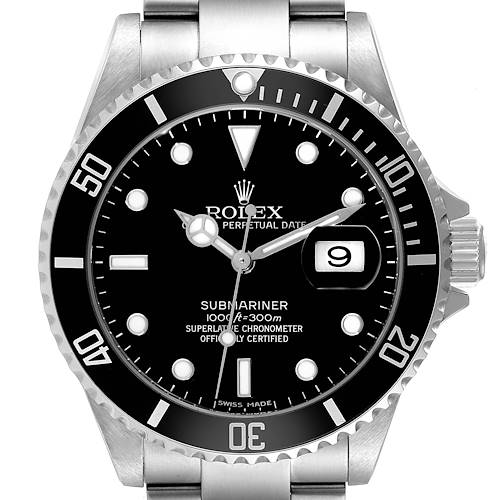 The image shows a front view of the Rolex Submariner 16610T Men's Stainless Steel Black Dial 16610T Men's Stainless Steel Black Dial watch displaying the dial, hands, bezel, and bracelet.