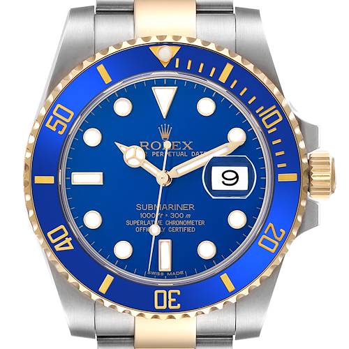 The Rolex Submariner 116613LB Men's Steel and Gold (two tone) Blue Dial 116613LB Men's Steel and Gold (two tone) Blue Dial watch is shown from the front, highlighting the dial, bezel, and part of the bracelet.