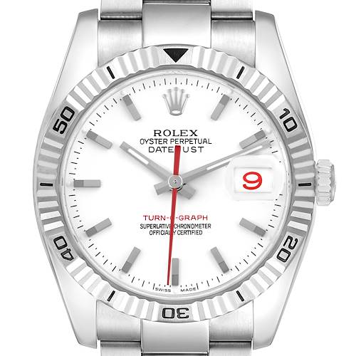 The image shows a frontal view of the Rolex Turn-o-Graph 116264 Men's Stainless Steel White Dial 116264 Men's Stainless Steel White Dial, highlighting the bezel, dial, hands, and date window.