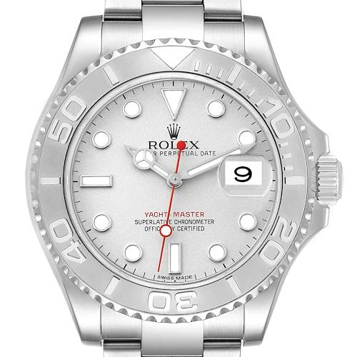 This image shows a frontal view of the face of a Rolex Yacht-Master 116622 Men's Stainless Steel Silver Dial 116622 Men's Stainless Steel Silver Dial watch, including the bezel, dial, and bracelet edges.