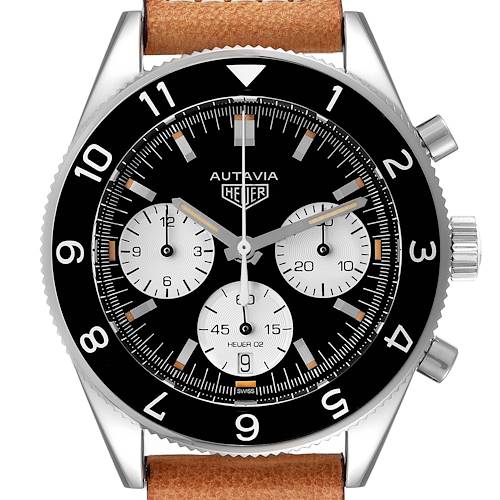 The image shows a frontal view of a Tag Heuer Autavia CBE2110 Men's Stainless Steel Black Dial CBE2110 Men's Stainless Steel Black Dial watch, displaying the dial, bezel, and part of the strap.