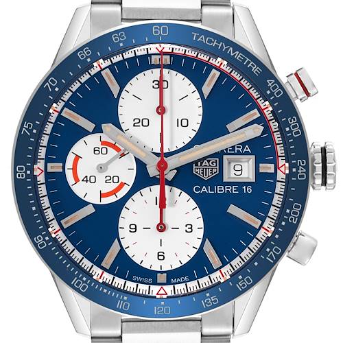 The image shows a front view of the Tag Heuer Carrera CV201AR Men's Stainless Steel Blue Dial CV201AR Men's Stainless Steel Blue Dial watch featuring its dial, subdials, hands, and tachymeter bezel.