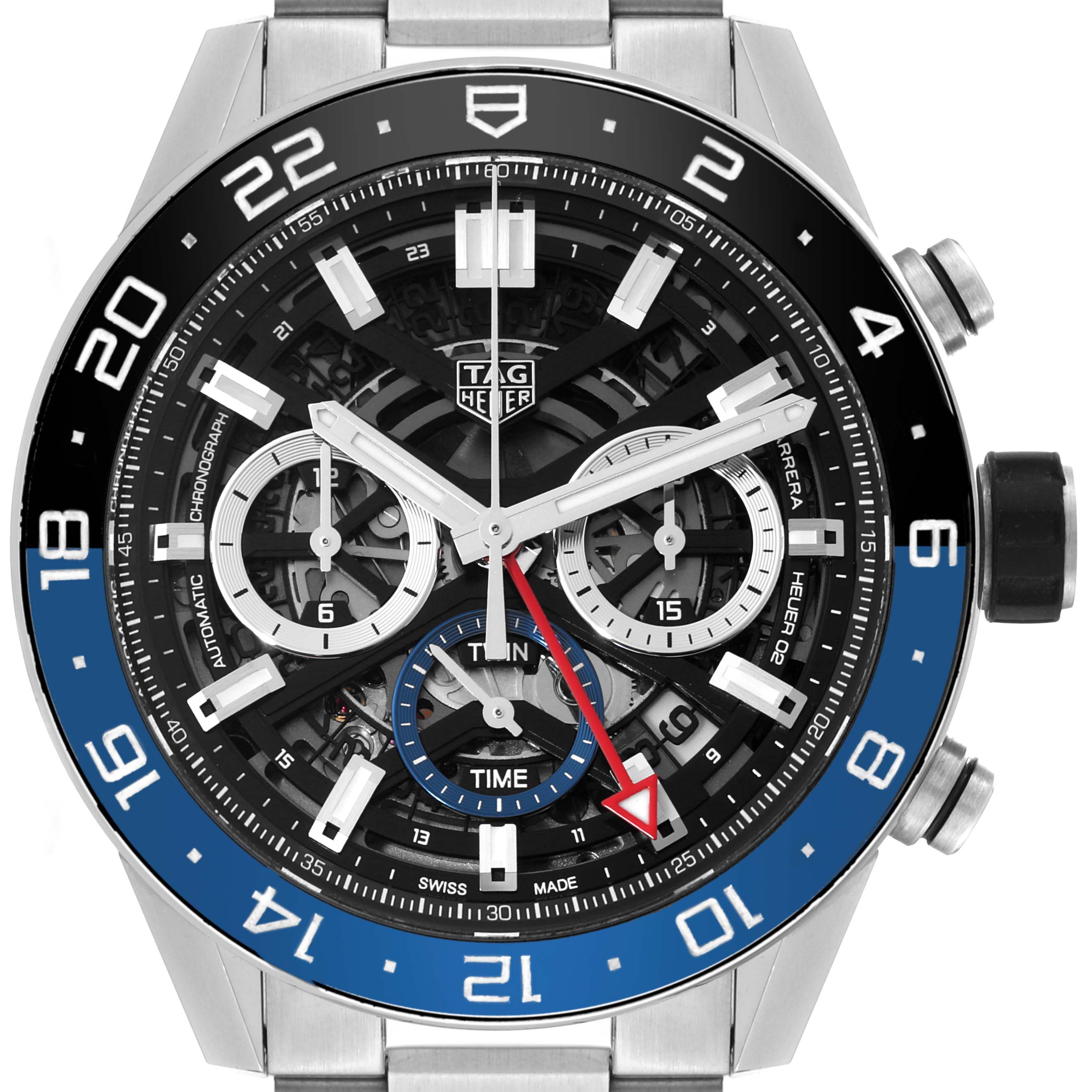 This image shows a frontal view of the Tag Heuer Carrera CBG2A1Z.BA0658 Men's Stainless Steel Black Dial CBG2A1Z.BA0658 Men's Stainless Steel Black Dial model watch, displaying its dial, hands, subdials, and bezel.