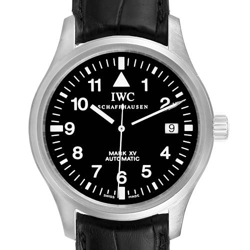 The image shows a front view of the IWC Pilot IW325301 Men's Stainless Steel Black Dial IW325301 Men's Stainless Steel Black Dial Mark XV watch, displaying the face, bezel, and part of the black leather strap.