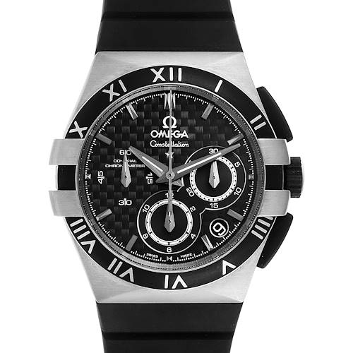 The image shows the front view of an Omega Constellation 121.92.35.50.01.00 Men's Titanium Black Dial 121.92.35.50.01.00 Men's Titanium Black Dial watch, highlighting the face, bezel, and strap.