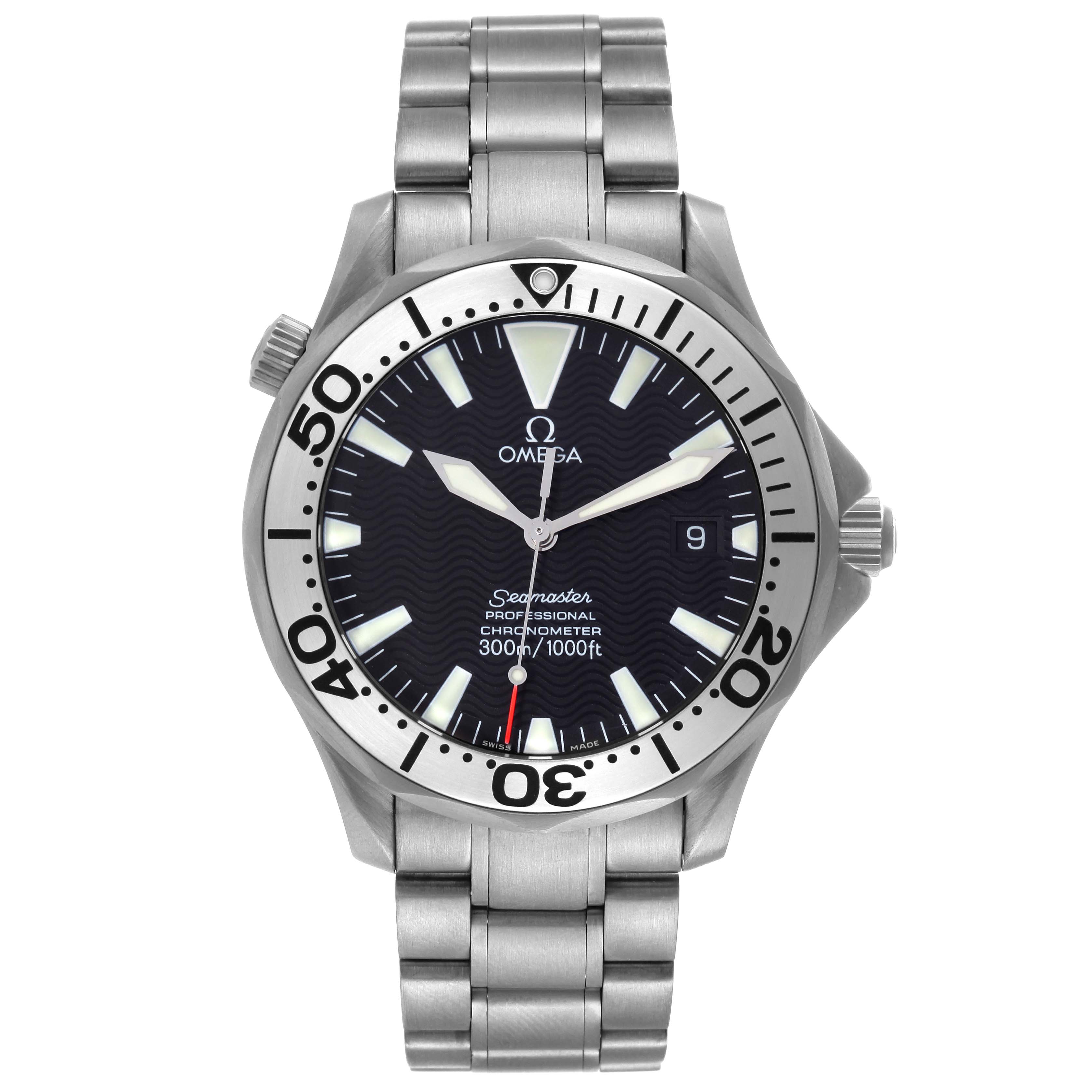 The image shows a front view of an Omega Seamaster 2231.50.00 Men's Titanium Black Dial 2231.50.00 Men's Titanium Black Dial watch with its face, bezel, crown, and bracelet visible.