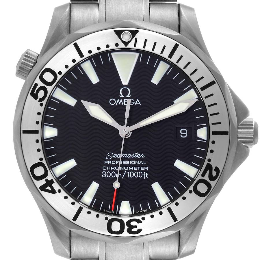 This Omega Seamaster 2231.50.00 Men's Titanium Black Dial 2231.50.00 Men's Titanium Black Dial watch is shown from the front, displaying the dial, hands, bezel, date window, and part of the stainless steel bracelet.