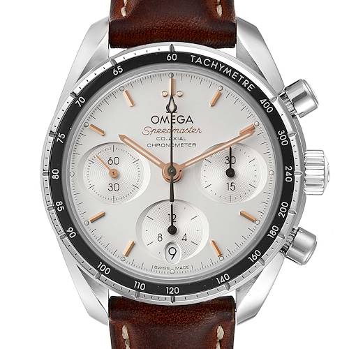 The image shows a frontal view of the Omega Speedmaster 324.32.38.50.02.001 Men's Stainless Steel Silver Dial 324.32.38.50.02.001 Men's Stainless Steel Silver Dial Co-Axial Chronometer with a tachymeter bezel and brown leather strap.