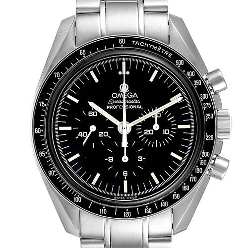 This image shows the Omega Speedmaster 3573.50.00 Men's Stainless Steel Black Dial 3573.50.00 Men's Stainless Steel Black Dial watch from the front, including its bezel, dials, and bracelet.