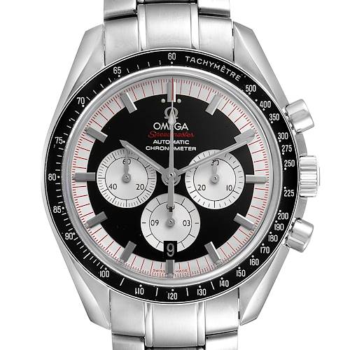 The image shows a front view of an Omega Speedmaster 3507.51.00 Men's Stainless Steel Black Dial 3507.51.00 Men's Stainless Steel Black Dial watch, highlighting its chronograph sub-dials, bezel, and bracelet.