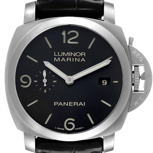 The Panerai Luminor PAM00312 Men's Stainless Steel Black Dial PAM00312 Men's Stainless Steel Black Dial watch is shown from the front, highlighting the dial and crown guard.