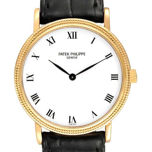 The image shows a front view of the Patek Philippe Calatrava 3992 Men's Yellow Gold White Dial 3992 Men's Yellow Gold White Dial watch, highlighting the dial, Roman numerals, and part of the leather strap.