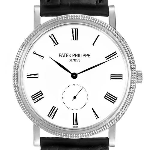 The image shows a front view of the Patek Philippe Calatrava 5119G-001 Men's White Gold White Dial 5119G-001 Men's White Gold White Dial watch, displaying its face, bezel, and leather strap.