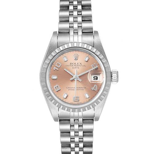 The image shows a front view of a Rolex Date 79240 Women's Stainless Steel Pink Dial 79240 Women's Stainless Steel Pink Dial model, featuring the dial, hands, bezel, date window, and bracelet.