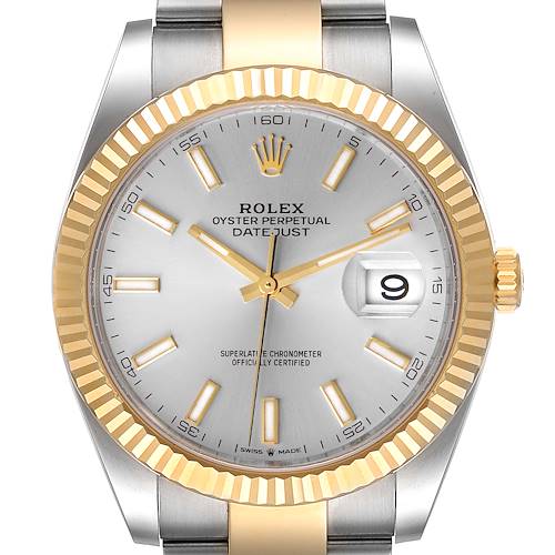 This image shows a front view of the Rolex Datejust 41 126333 Men's Steel and Gold (two tone) Silver Dial 126333 Men's Steel and Gold (two tone) Silver Dial watch, highlighting the dial, bezel, and part of the bracelet.