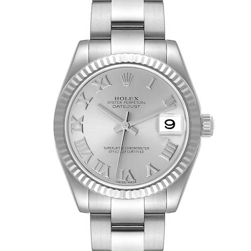 This Rolex Mid-Size 178274 Women's Stainless Steel Silver Dial 178274 Women's Stainless Steel Silver Dial Datejust watch is shown from a front angle, highlighting its silver dial, Roman numerals, and date window.