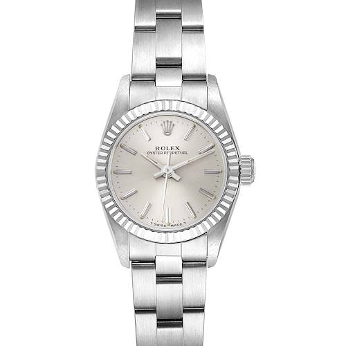 The image shows a frontal view of a Rolex Oyster Perpetual 67194 Women's Stainless Steel Silver Dial 67194 Women's Stainless Steel Silver Dial watch, highlighting the face, bezel, and part of the bracelet.