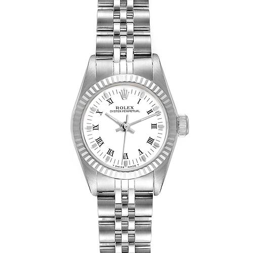 The image shows a front view of the Rolex Oyster Perpetual 67194 Women's Stainless Steel White Dial 67194 Women's Stainless Steel White Dial watch, highlighting the dial, bezel, crown, and bracelet.