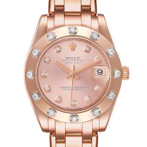 The image shows a front view of a Rolex Pearlmaster 81315 Women's Rose Gold Pink Dial 81315 Women's Rose Gold Pink Dial watch, highlighting its rose gold finish, diamond markers, and date window.