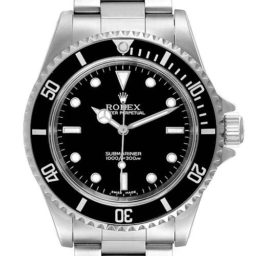 The Rolex Submariner 14060 Men's Stainless Steel Black Dial 14060 Men's Stainless Steel Black Dial watch is shown from a top-down angle, highlighting the dial, bezel, and crown.