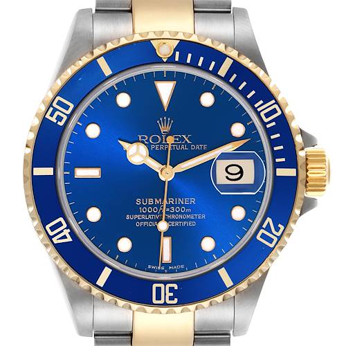The image shows a frontal view of a Rolex Submariner 16613 Men's Steel and Gold (two tone) Blue Dial 16613 Men's Steel and Gold (two tone) Blue Dial watch, highlighting the blue dial, gold accents, and bezel.