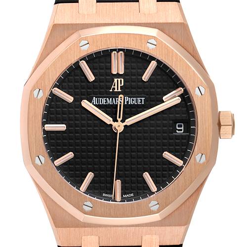 The image shows a front view of an Audemars Piguet Royal Oak 15500OR.OO.D002CR.01 Men's Rose Gold Black Dial 15500OR.OO.D002CR.01 Men's Rose Gold Black Dial watch, highlighting its black dial, rose gold case, and octagonal bezel.