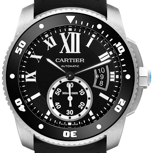The image shows a front view of a Calibre de Cartier watch by Cartier, highlighting its black dial, bezel, and crown.