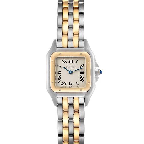 The image shows a front view of a Cartier Panthere W25029B6 Women's Steel and Gold (two tone) Silver Dial W25029B6 Women's Steel and Gold (two tone) Silver Dial watch, highlighting its face, bezel, and two-tone metal bracelet.