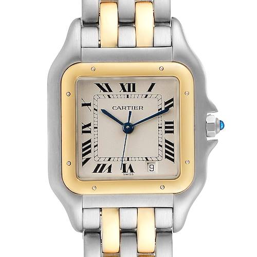 The image shows a front view of the Cartier Panthere W25028B8 Men's Steel and Gold (two tone) Silver Dial W25028B8 Men's Steel and Gold (two tone) Silver Dial watch, highlighting its dial, hands, date window, and part of the bracelet.