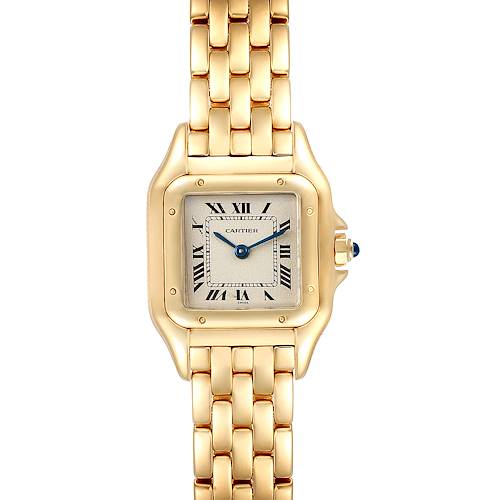 The Cartier Panthere W25022B9 Women's Yellow Gold Silver Dial W25022B9 Women's Yellow Gold Silver Dial watch is shown from a top-down angle, displaying its face and part of the bracelet.