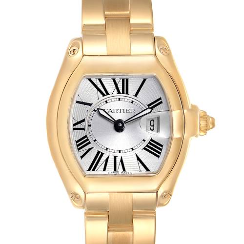 The image shows a front view of the Cartier Roadster W62018V1 Women's Yellow Gold Silver Dial W62018V1 Women's Yellow Gold Silver Dial watch, highlighting its full face, bezel, dial, crown, and part of the bracelet.