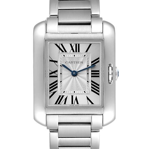 This image shows a top-down view of the Cartier Tank Anglaise W5310022 Women's Stainless Steel Silver Dial W5310022 Women's Stainless Steel Silver Dial watch, highlighting its face, Roman numerals, and metal strap.