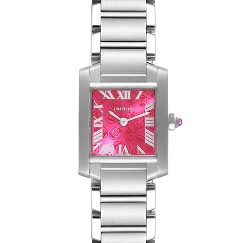 This Cartier Tank Française watch is shown from the front, highlighting its pink dial, Roman numerals, and silver bracelet.
