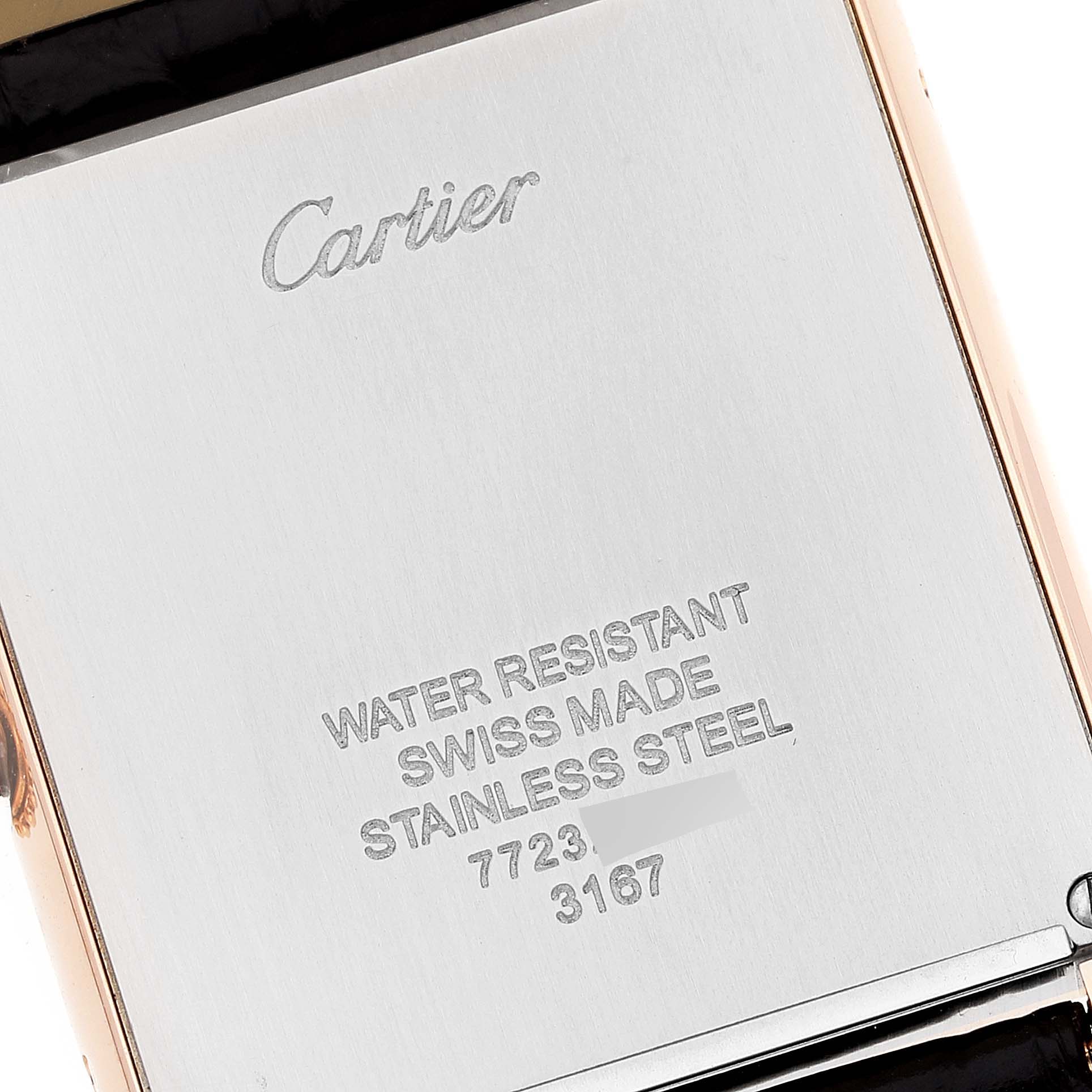 The image shows the back case of the Cartier Tank Solo W5200025 Men's Rose Gold Silver Dial W5200025 Men's Rose Gold Silver Dial watch engraved with brand and model details.