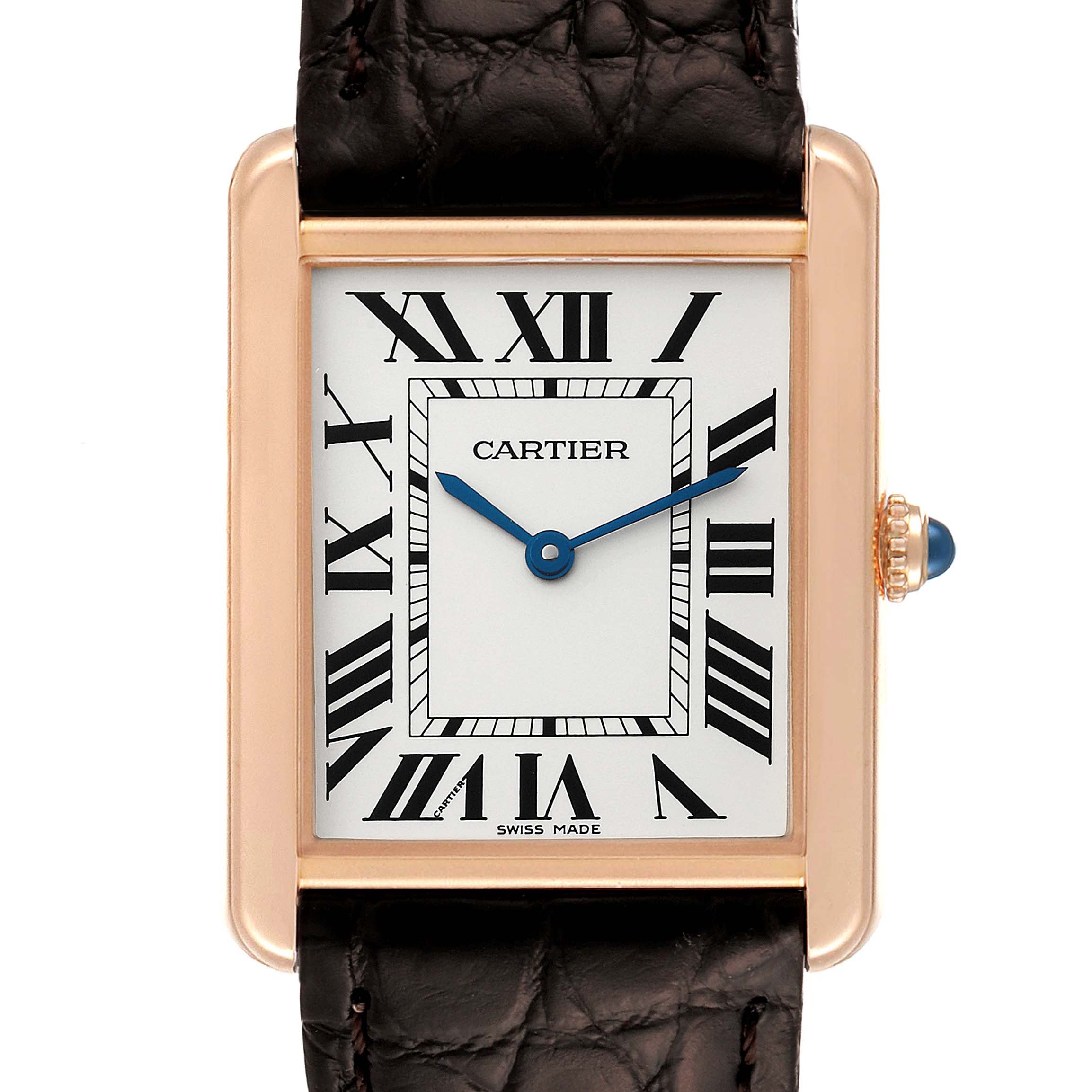 The image shows a front view of the Cartier Tank Solo W5200025 Men's Rose Gold Silver Dial W5200025 Men's Rose Gold Silver Dial watch, highlighting the face, Roman numerals, and part of the strap.