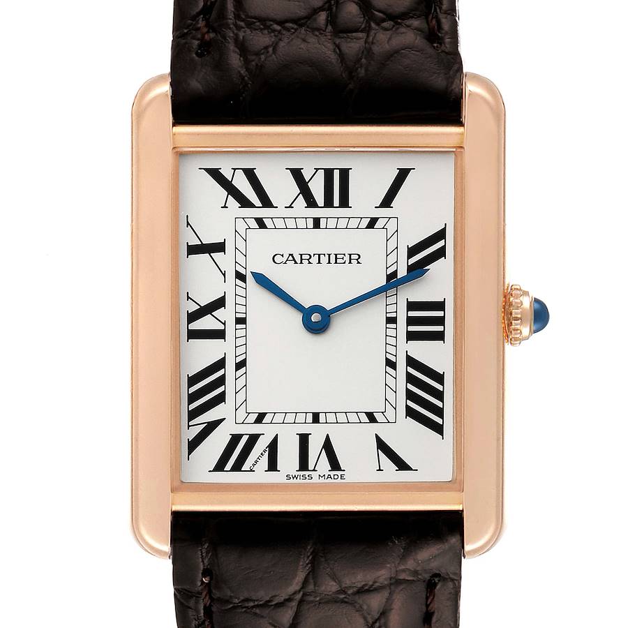 The image shows a front view of the Cartier Tank Solo W5200025 Men's Rose Gold Silver Dial W5200025 Men's Rose Gold Silver Dial watch, highlighting the face, Roman numerals, and part of the strap.