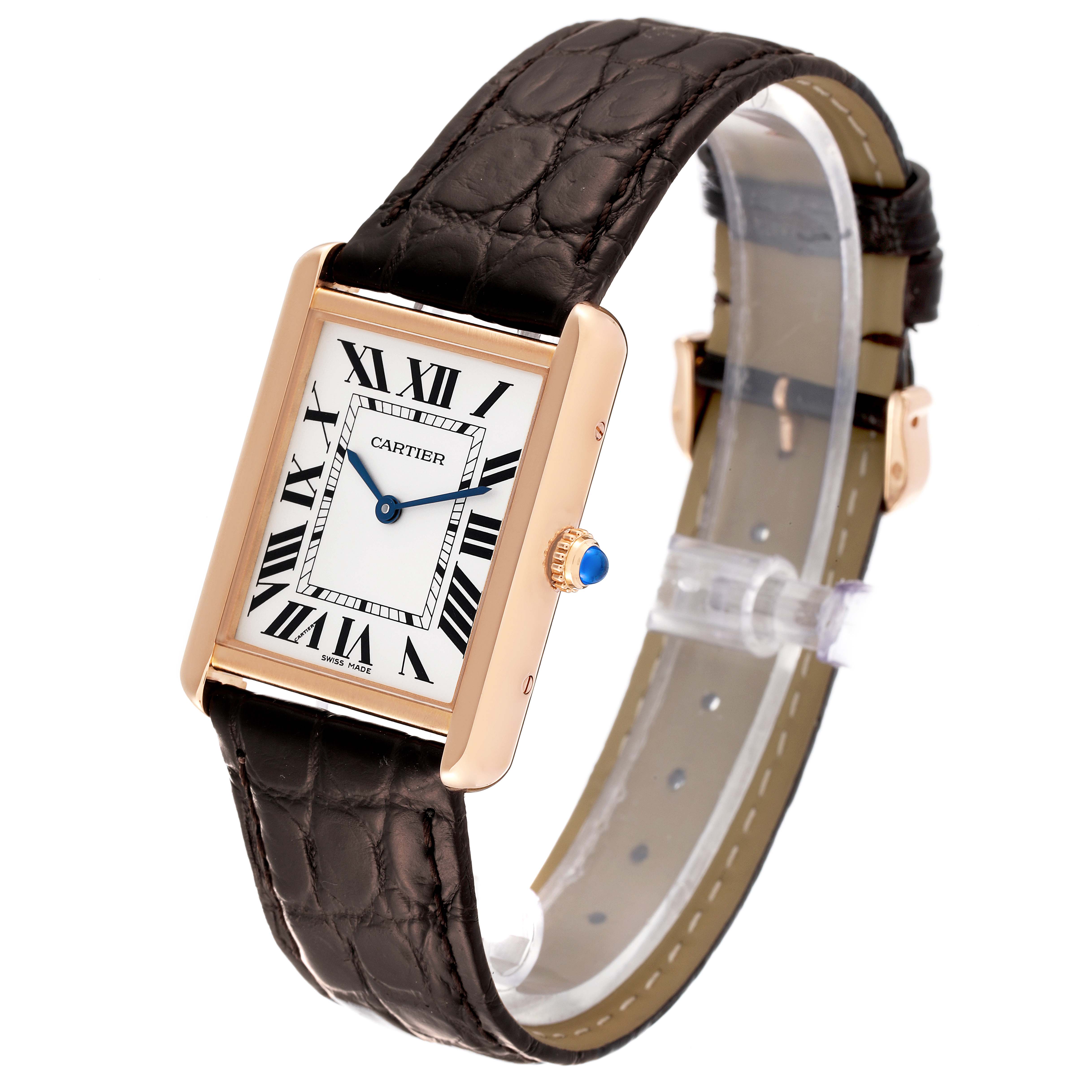 The image shows a Cartier Tank Solo W5200025 Men's Rose Gold Silver Dial W5200025 Men's Rose Gold Silver Dial watch at a diagonal angle, highlighting the watch face, leather strap, and crown.