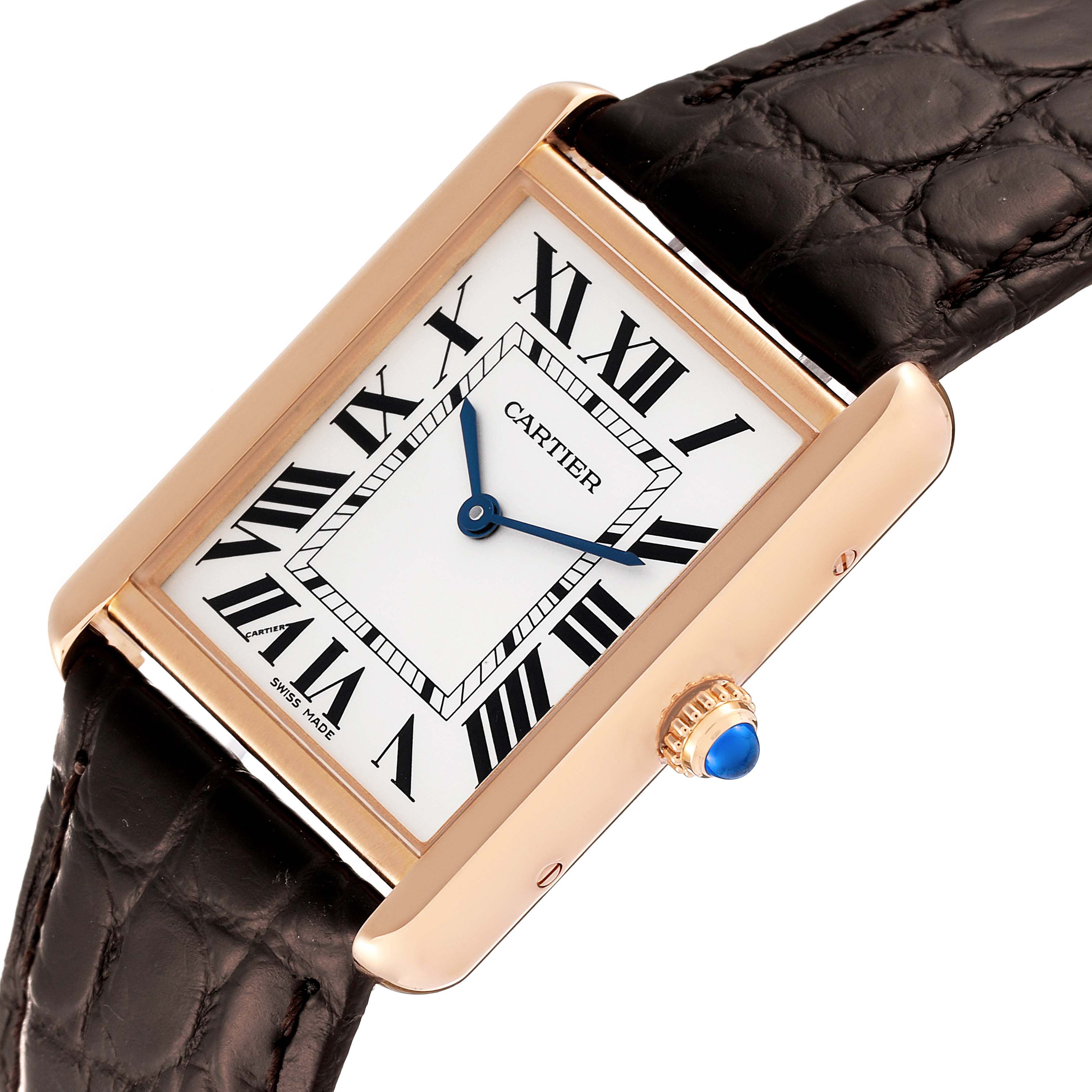The image shows a Cartier Tank Solo W5200025 Men's Rose Gold Silver Dial W5200025 Men's Rose Gold Silver Dial watch at an angled view highlighting the face, case, crown, and part of the leather strap.