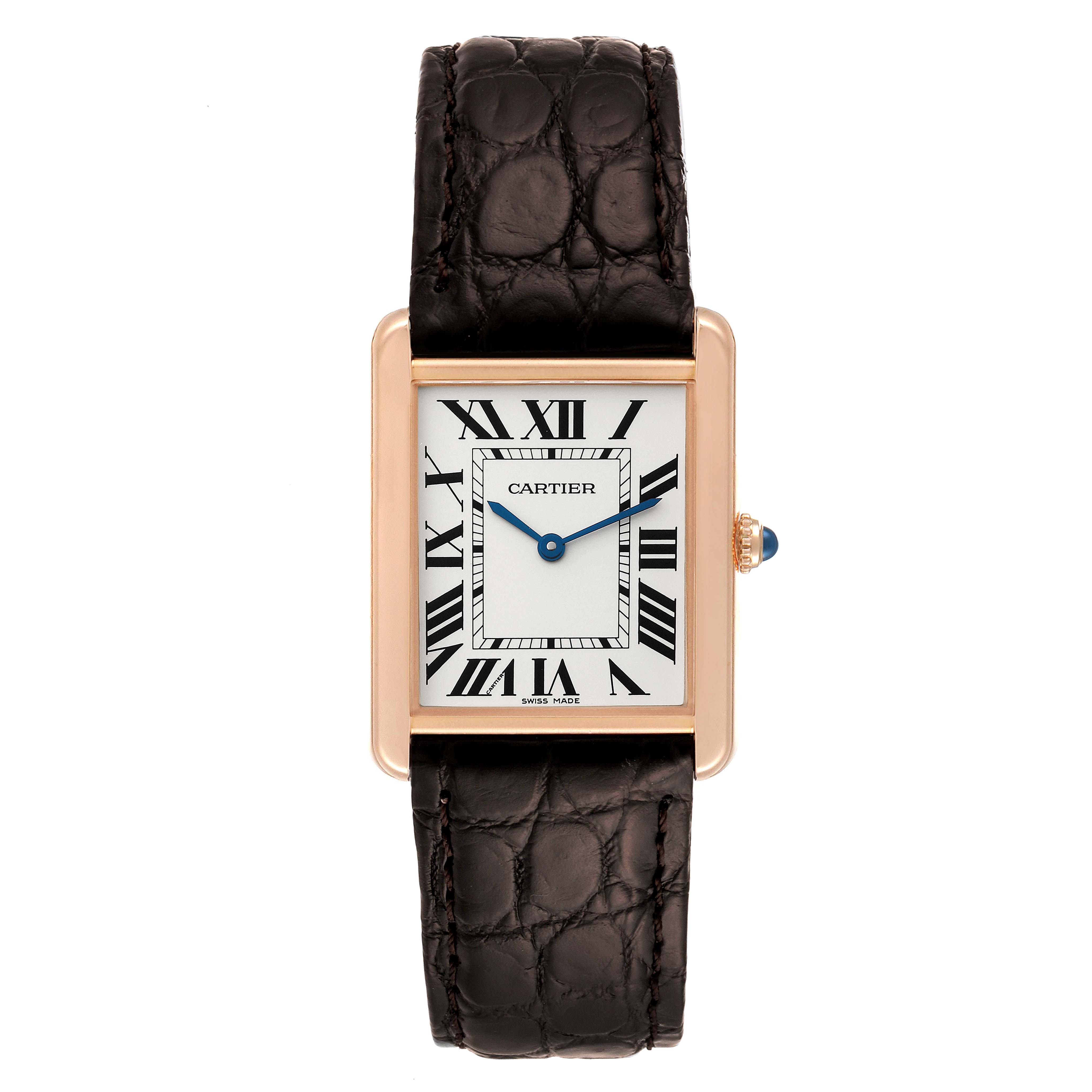 The image shows a frontal view of a Cartier Tank Solo W5200025 Men's Rose Gold Silver Dial W5200025 Men's Rose Gold Silver Dial watch with a black leather strap.