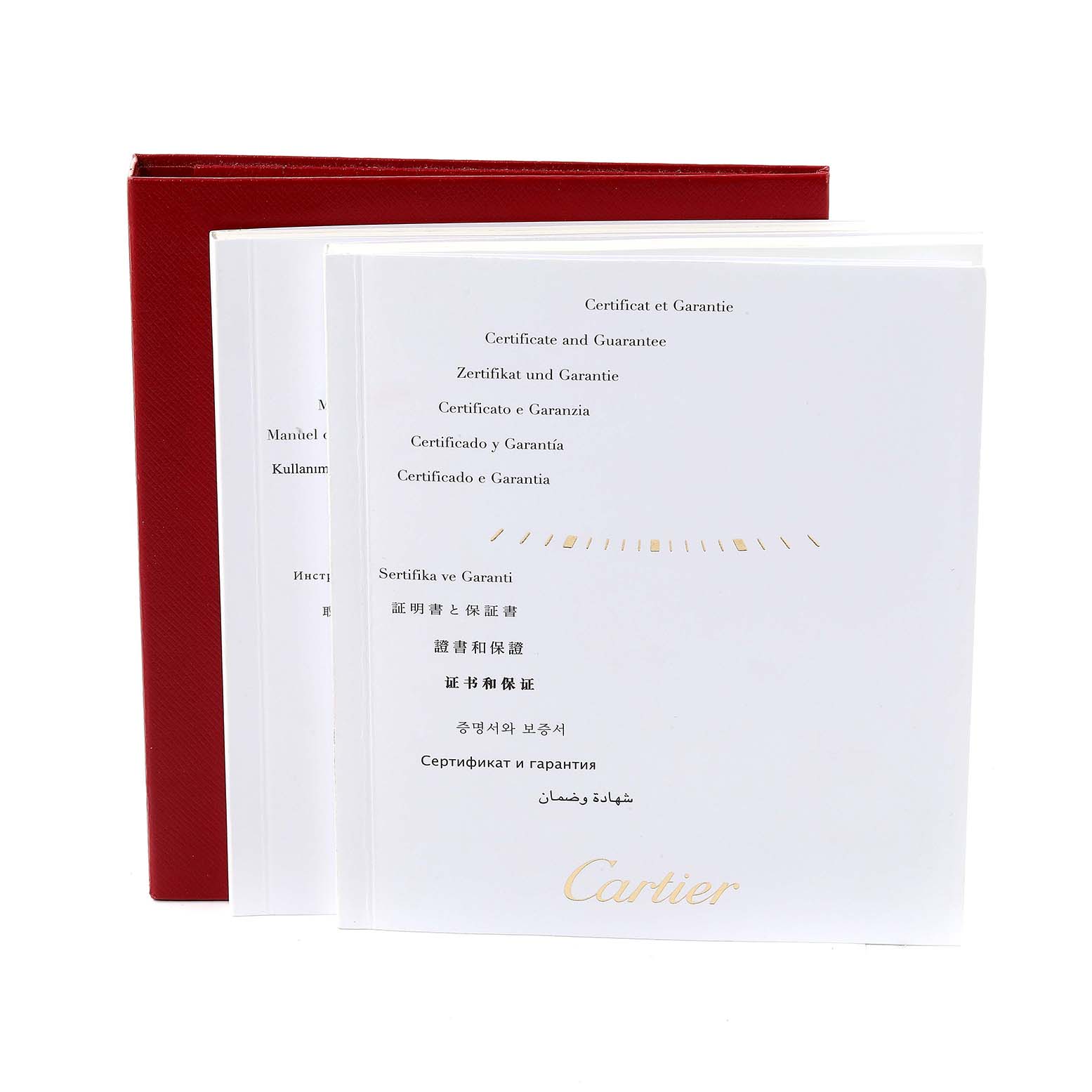 This image shows the certificate and guarantee booklets for the Cartier Tank Solo W5200025 Men's Rose Gold Silver Dial W5200025 Men's Rose Gold Silver Dial watch, along with its red case.