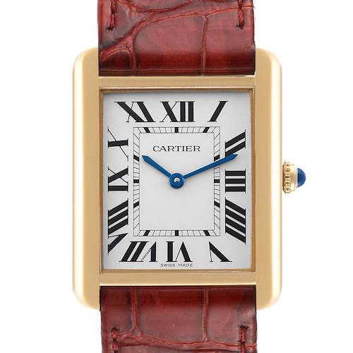 The image shows a front view of the Cartier Tank Solo W5200004 Men's Yellow Gold Silver Dial W5200004 Men's Yellow Gold Silver Dial watch with a leather strap, Roman numerals, and blue hands.