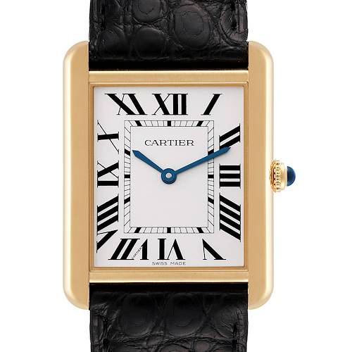 The image shows a straight-on view of a Cartier Tank Solo W5200004 Men's Yellow Gold Silver Dial W5200004 Men's Yellow Gold Silver Dial watch, featuring the dial, hands, bezel, crown, and part of the leather strap.