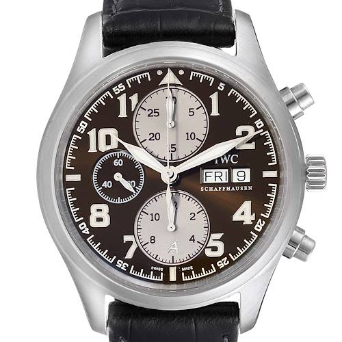 This image shows a front view of the IWC Pilot IW371709 Men's Stainless Steel Brown Dial IW371709 Men's Stainless Steel Brown Dial model watch, displaying its black dial, chronograph subdials, date window, and leather strap.
